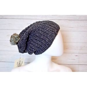 NWT Wool Knit Slouchy Beanie Faux Fur Pom Handmade